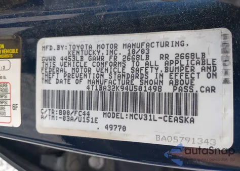 2004 Toyota Camry Se V6 z USA, uszkodzony, nr VIN 4T1BA32K94U501498